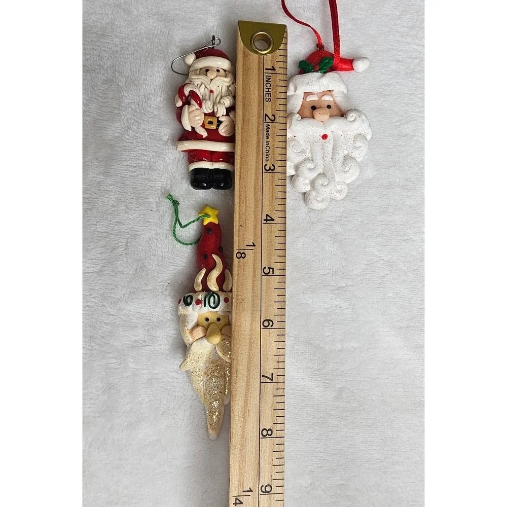 Santa Claus Clay Ornaments Set of 3 Red White Handcrafted Christmas